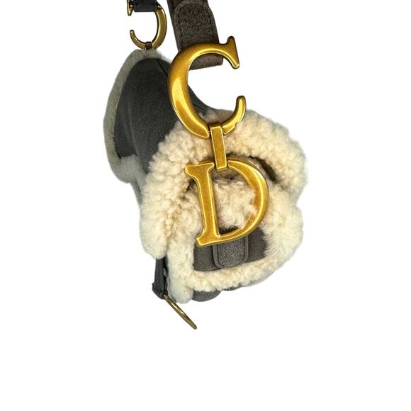 Christian Dior Shearling Saddle Bag Gray Shoulder Purse Suede/Gold CD Rare Auth - Picture 13 of 16